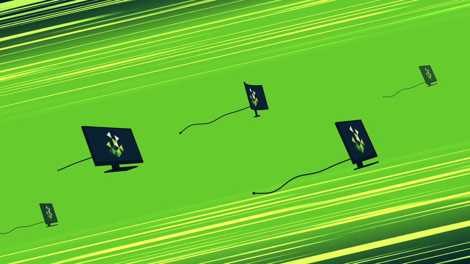 Several screens travel through a digital landscape anime style